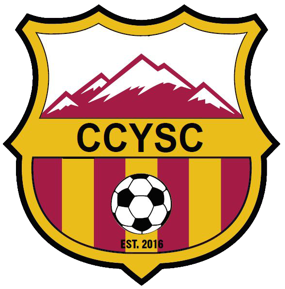 Shield-shaped logo for CCYSC featuring maroon mountains, the letters "CCYSC", and a soccer ball over maroon and yellow stripes. It includes "EST. 2016" at the bottom.