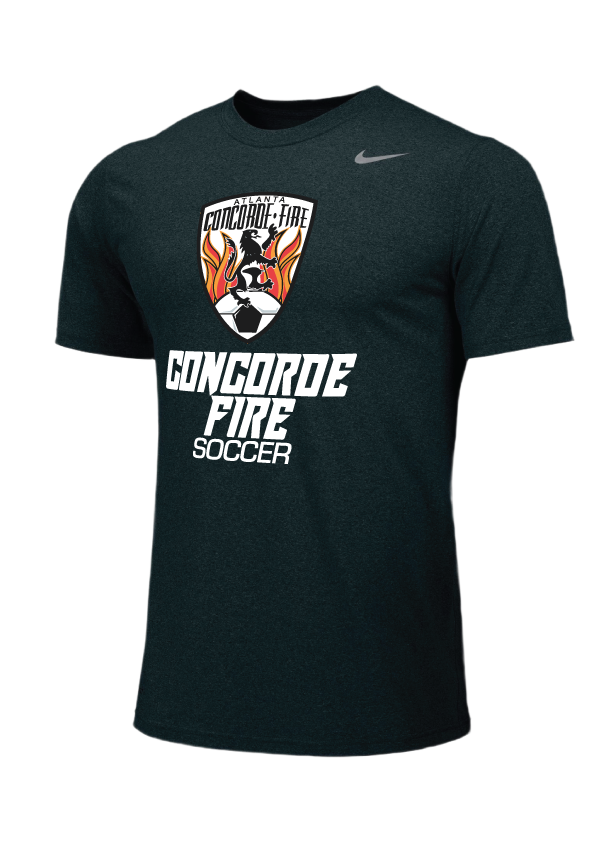 A dark heather green short-sleeve Nike t-shirt featuring the Atlanta Concorde Fire soccer logo on the chest, with the words "CONCORDE FIRE SOCCER" printed below in bold white text.