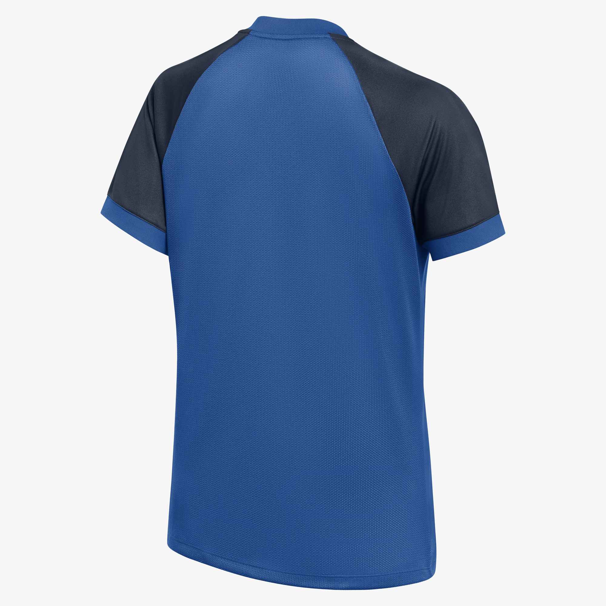 Back view of a short-sleeved athletic shirt with a royal blue mesh body, dark navy raglan sleeves, and blue ribbed collar and cuffs.