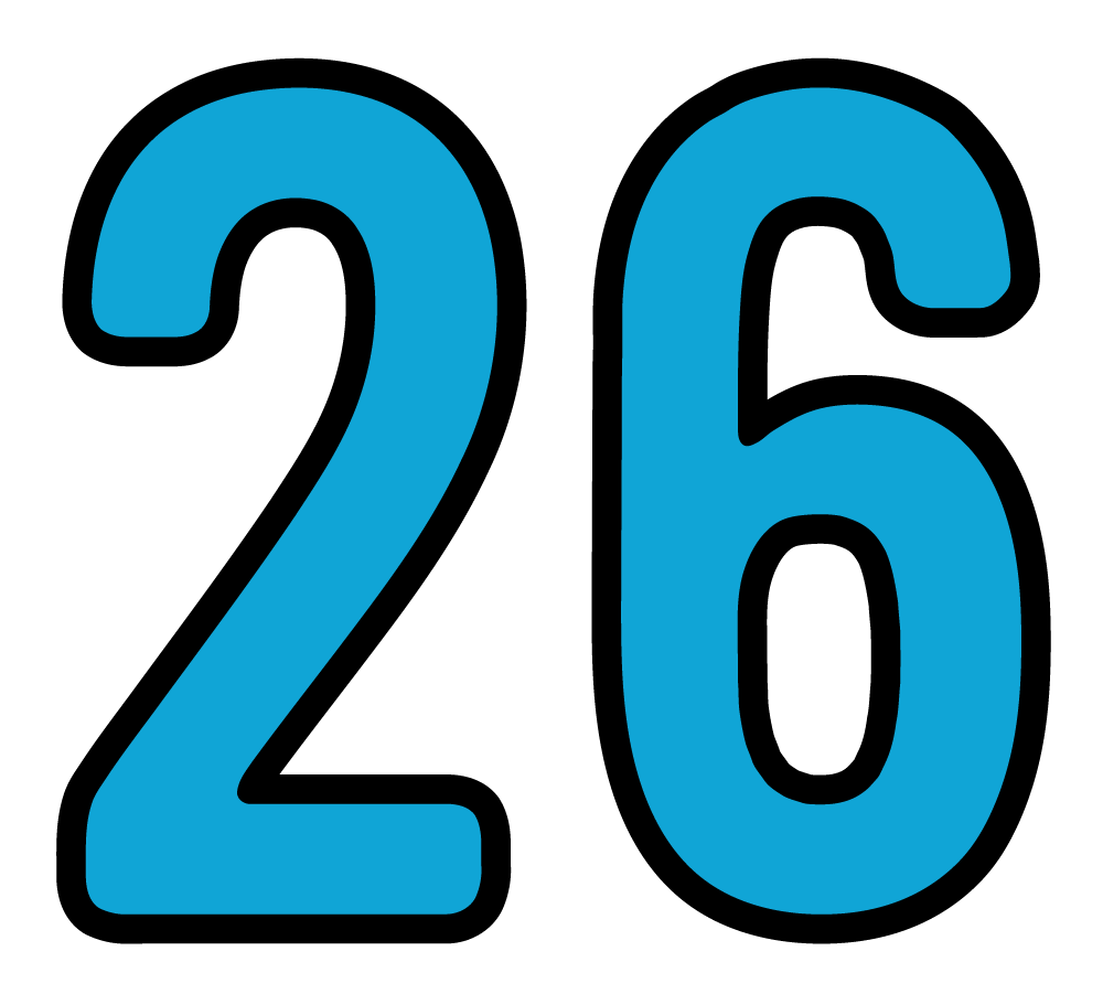 The number 26 in a large, bold blue font with a thick black outline.