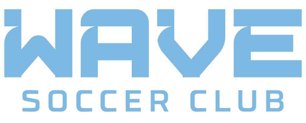 Logo for Wave Soccer Club featuring the word 'WAVE' in a stylized light blue font with wavy curves above the words 'SOCCER CLUB'.