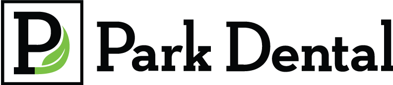 Park Dental logo featuring a black letter P with a green leaf inside a square frame, followed by the company name in black serif font.