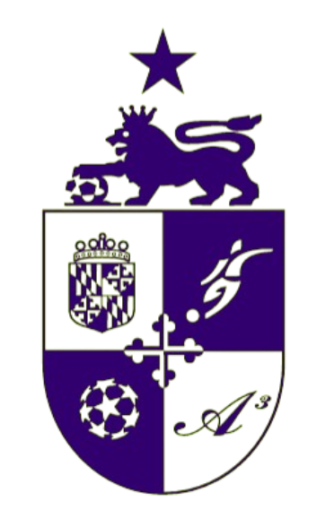 A purple and gold soccer-themed crest on a black background. The crest is topped with a five-pointed star and features a crowned lion standing over a soccer ball. Below the lion is a shield divided into four quadrants by a central cross, containing various symbols including a smaller crowned shield, a soccer ball, and stylized script.