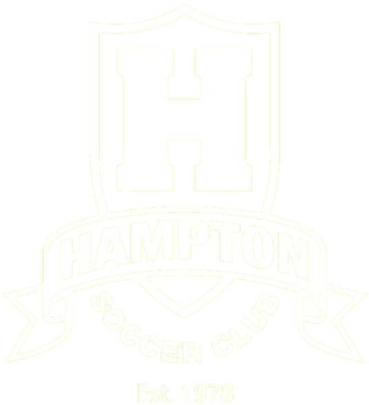 Hampton Soccer Club logo featuring a shield with a large 'H', a banner with 'HAMPTON', and 'SOCCER CLUB Est. 1978' below it. White line art on a black background.