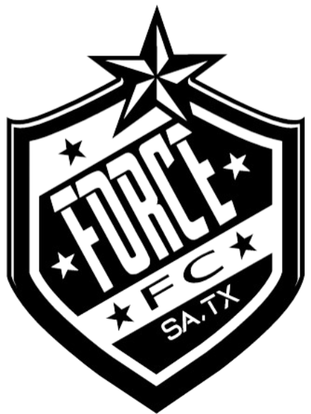 Shield-shaped black and white logo for Force FC SA, TX. Features large diagonal "FORCE" text, several stars, and a large faceted star at the top.