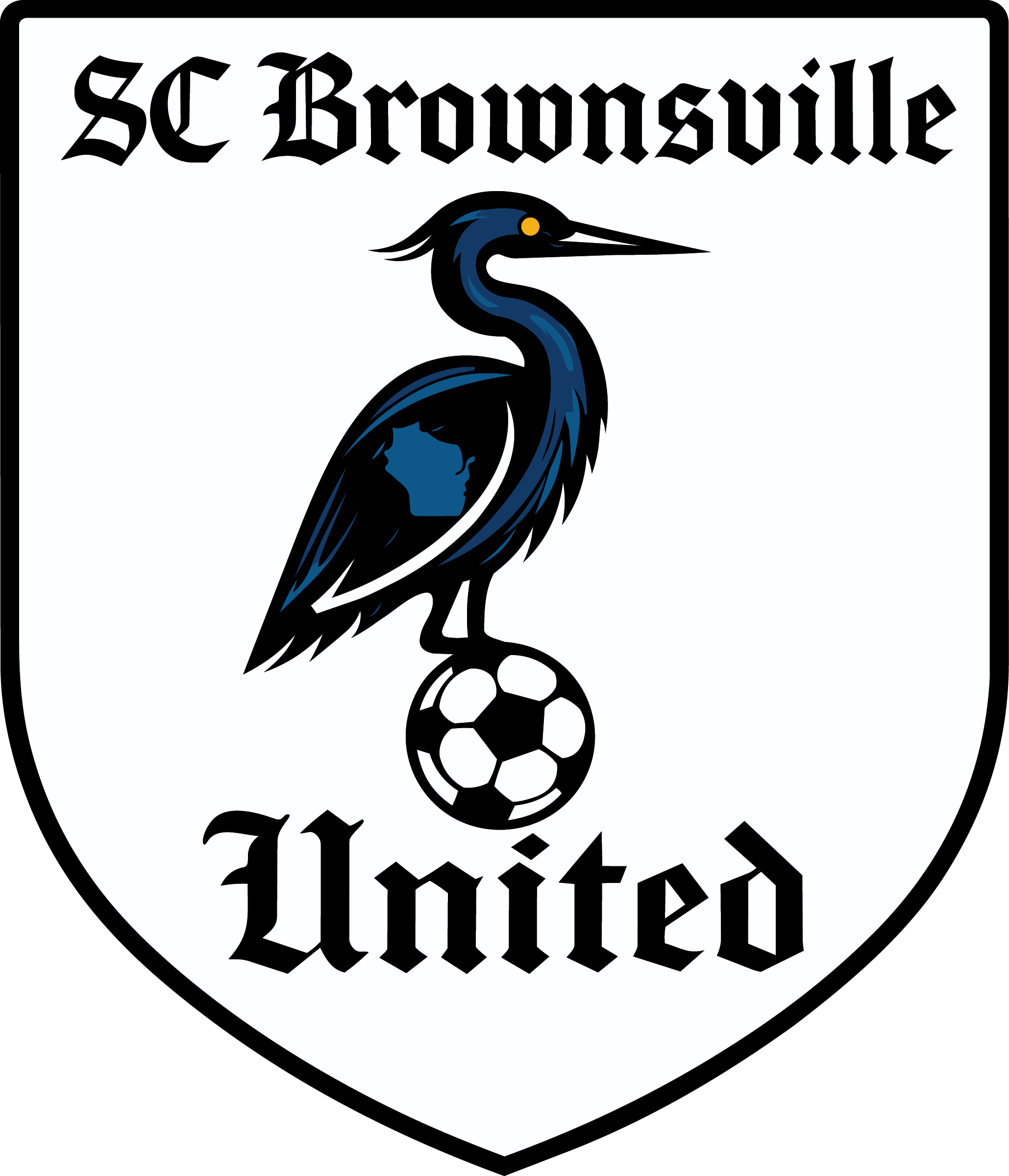 Shield logo for SC Brownsville United. A blue heron stands on a soccer ball with a map of Wisconsin on its wing. Black Gothic text reads 'SC Brownsville' and 'United'.