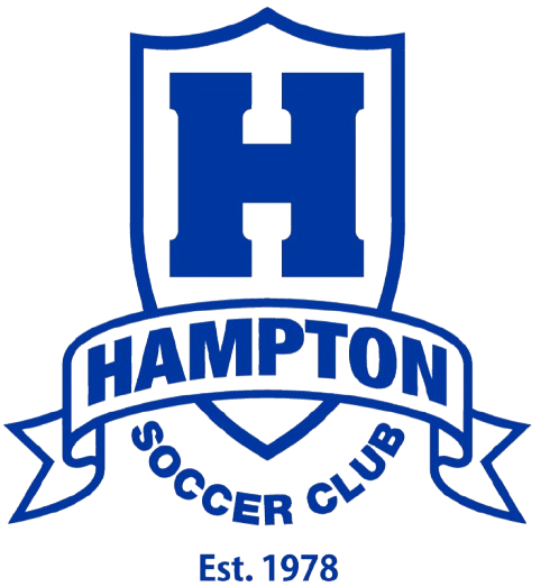 Blue and white logo for Hampton Soccer Club featuring a large "H" inside a shield, a "HAMPTON" banner, and the text "SOCCER CLUB Est. 1978."