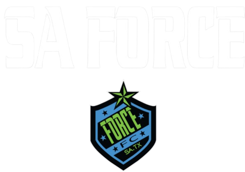 White outlined "SA FORCE" text above a blue shield logo with lime green "FORCE FC" and "SA, TX" text and stars.
