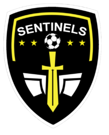 Sentinels Crest Logo: A black shield-shaped emblem featuring the word "SENTINELS" in white at the top. Below the text is a black and white soccer ball flanked by four yellow stars. A yellow sword points downward in the center, set against white stylized wing shapes, all contained within white and yellow borders.