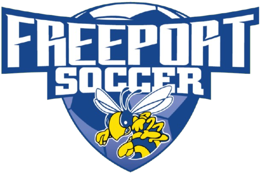 Freeport Soccer logo featuring a blue shield with a soccer ball design, bold white text, and a yellow and blue hornet mascot.