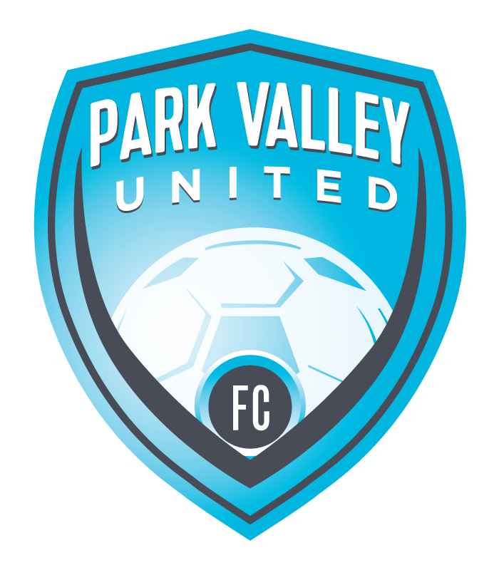 A light blue shield logo for Park Valley United FC, featuring a soccer ball in the center and the club's name in white capital letters.
