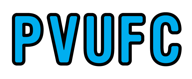 Text reading "PVUFC" in light blue uppercase letters with a thick black outline.