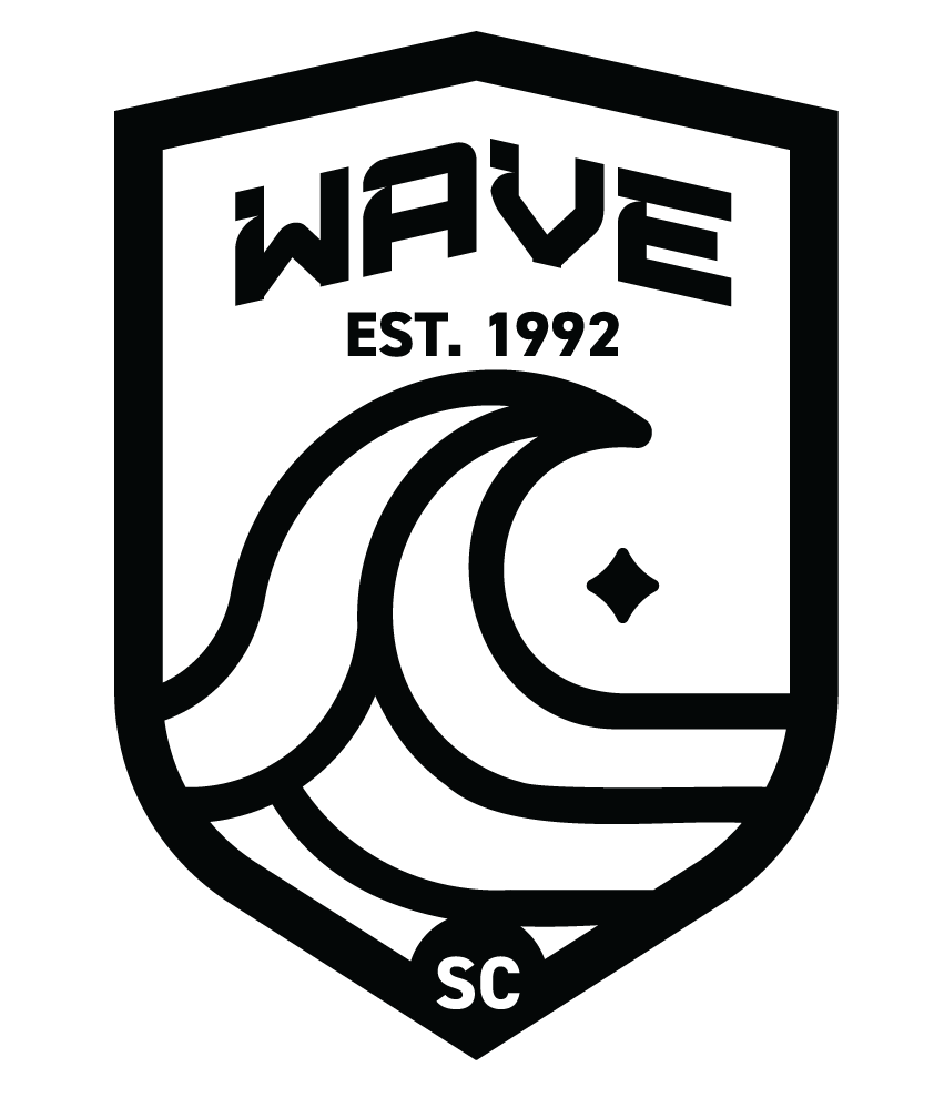 Black and white shield-shaped logo for Wave SC, established 1992. Features stylized crashing waves and a four-pointed star under bold, arched lettering.