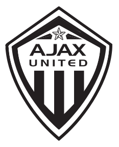 Ajax Practice Logo: A black and white shield-shaped crest featuring a star at the top, the words "AJAX UNITED" in the center, and three vertical black stripes at the bottom.