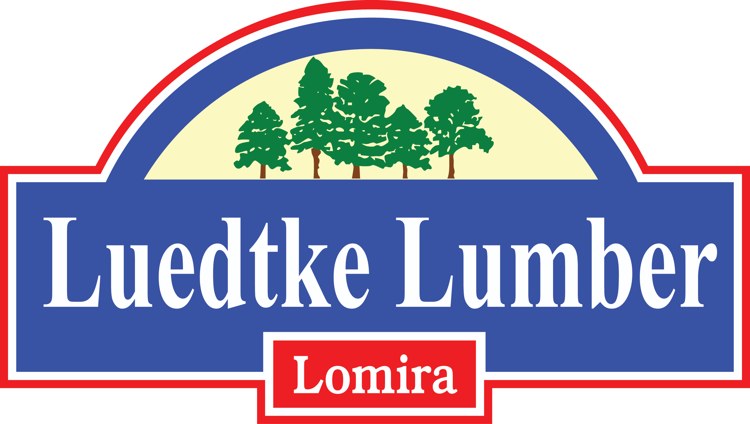 Logo for Luedtke Lumber in Lomira with white text on blue and red blocks, an arched top showing green trees on a cream field, and a red border.