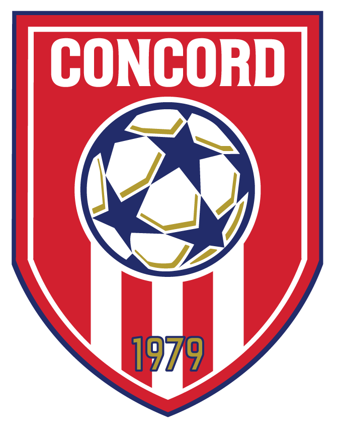 Concord "Crest" FF - CORD5 logo: A shield-shaped crest with red and white stripes featuring the word "CONCORD" at the top, a soccer ball with navy blue stars in the center, and the year "1979" at the bottom.