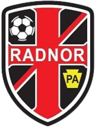 Radnor soccer logo: shield featuring a soccer ball, a yellow PA keystone, and "RADNOR" text across a red cross.