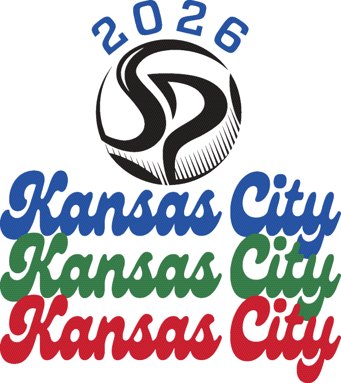 A graphic featuring "2026" in blue text above a stylized black and white soccer ball logo. Below, "Kansas City" is repeated three times in a cursive font, stacked in blue, green, and red. The entire design is set against a solid black background.