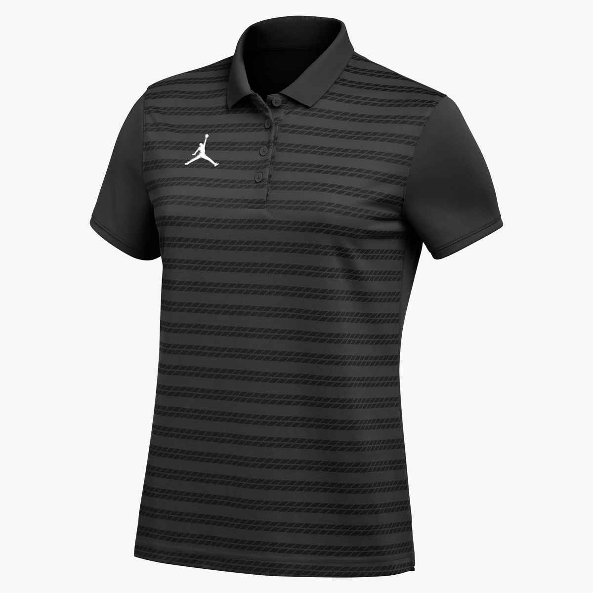 Black short-sleeved Jordan polo shirt with gray horizontal stripes and a white Jumpman logo on the chest.