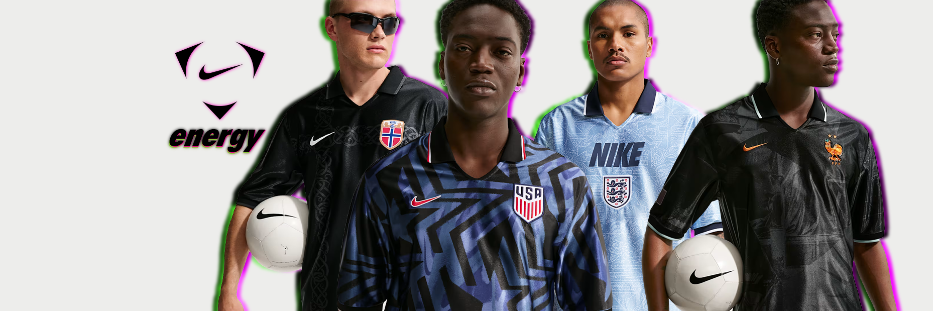 Four men in Nike soccer jerseys for Norway, USA, England, and France pose against a white background with a Nike 'energy' logo and colorful neon outlines.