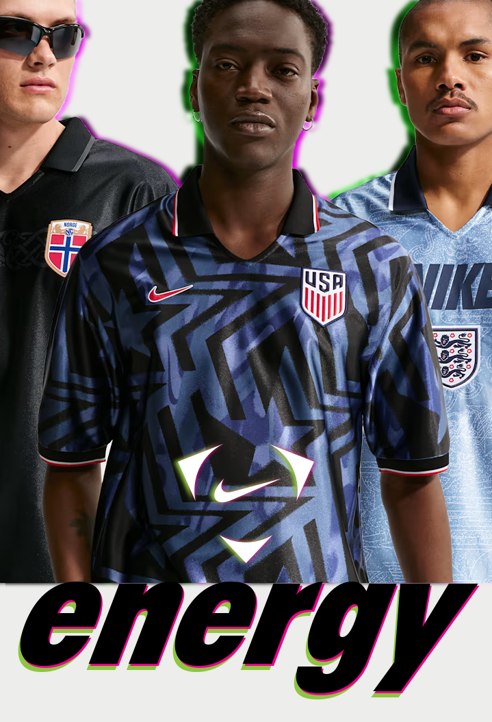 Promotional image featuring three men wearing Norway, USA, and England national football jerseys. Large, bold text at the bottom reads "energy".