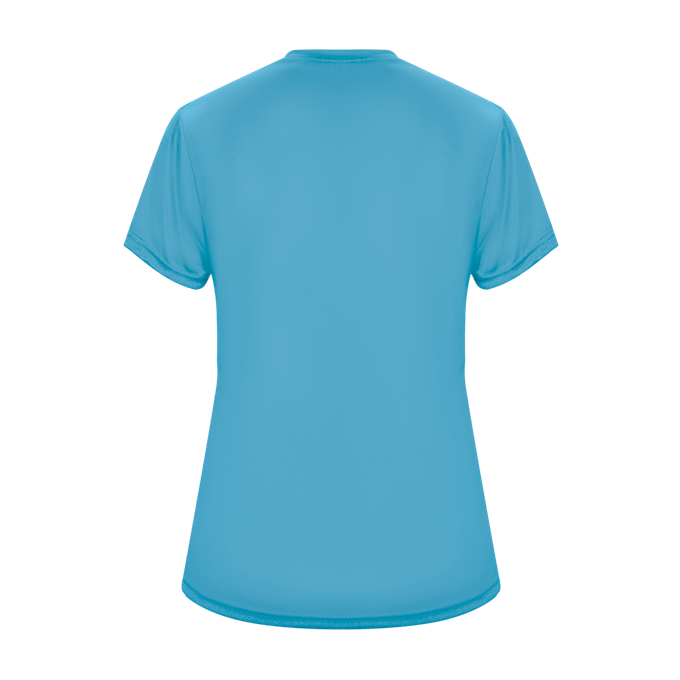 The back of a light blue short-sleeved t-shirt with a round neck, shown against a plain white background.