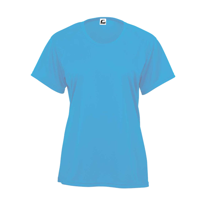 A bright blue short-sleeved crew neck t-shirt with a small brand label inside the collar, shown against a white background.
