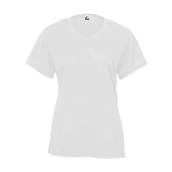 A plain white, short-sleeved performance crew neck t-shirt with a small black logo visible on the inner collar.