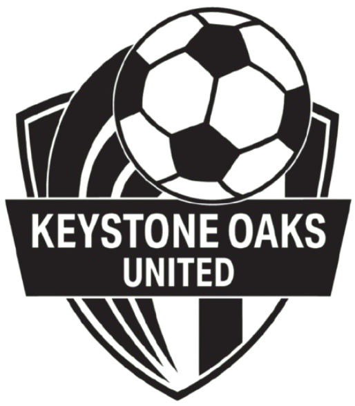 Keystone Oaks United logo: A black and white shield emblem with a soccer ball above the team name and curved background stripes.