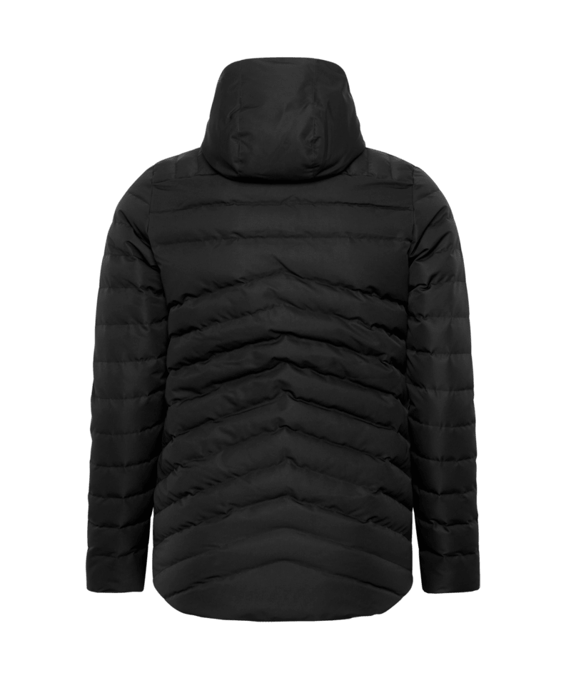 Rear view of a black hooded puffer jacket with chevron quilting on the back, set against a solid green background.