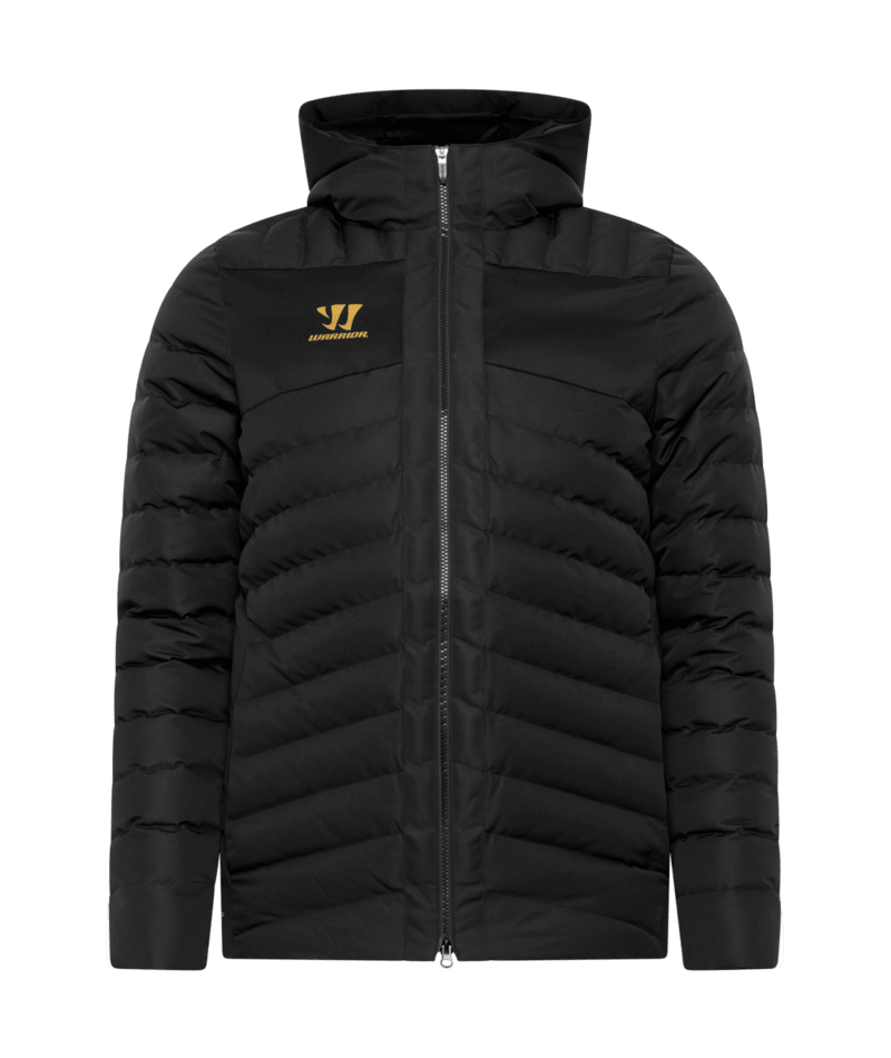 Black Warrior brand hooded puffer jacket with a gold logo on the chest, shown against a solid green background.