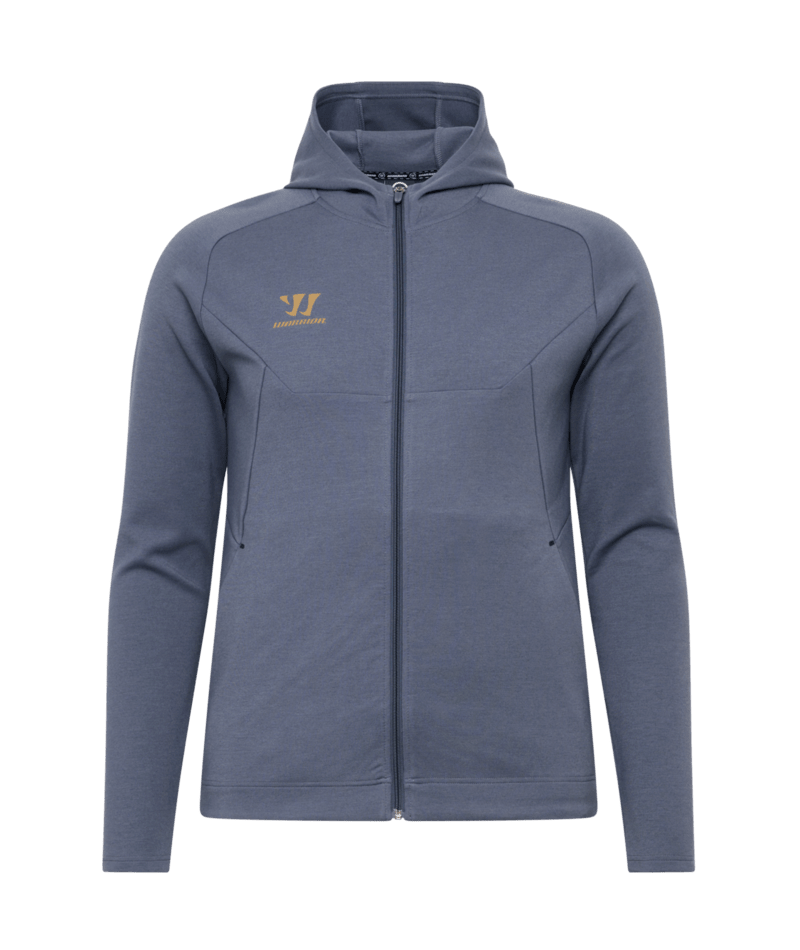 A slate blue full-zip hoodie with a gold Warrior logo on the left chest, long sleeves, and a hood, centered on a solid green background.