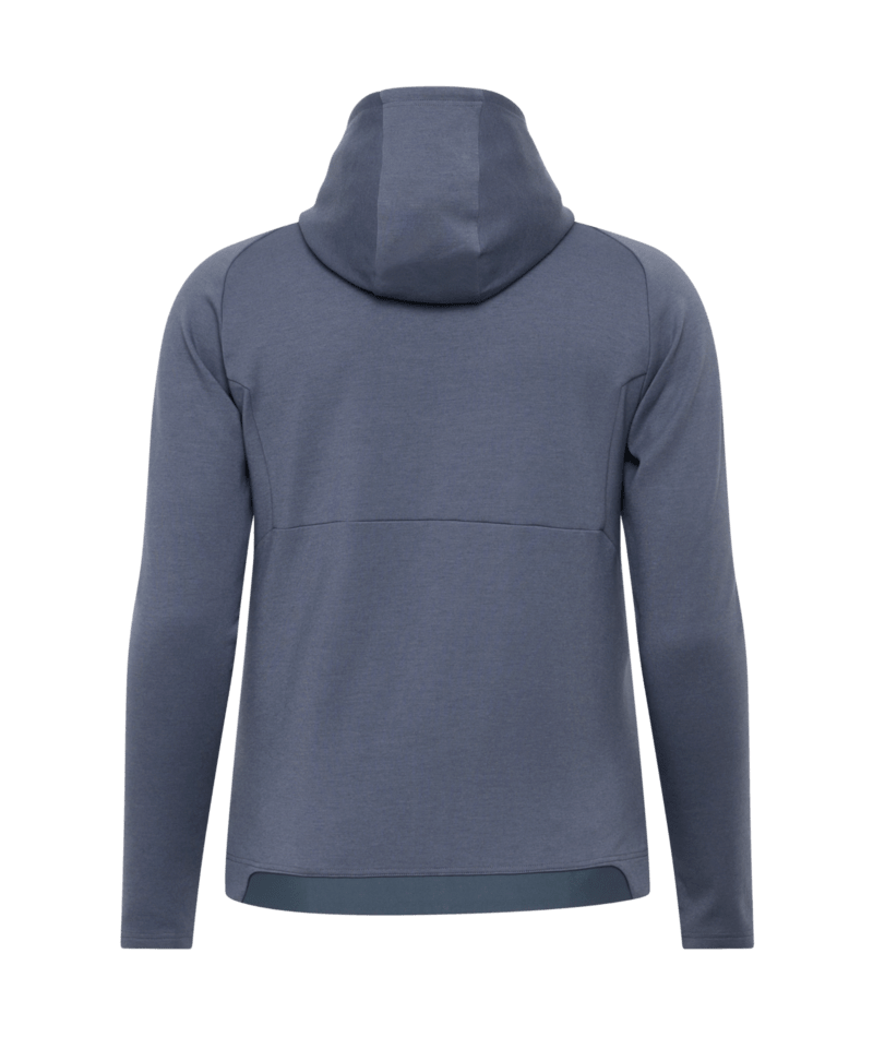 Back view of a blue-gray athletic hoodie with raglan sleeves and a horizontal seam across the mid-back, isolated on a solid green background.