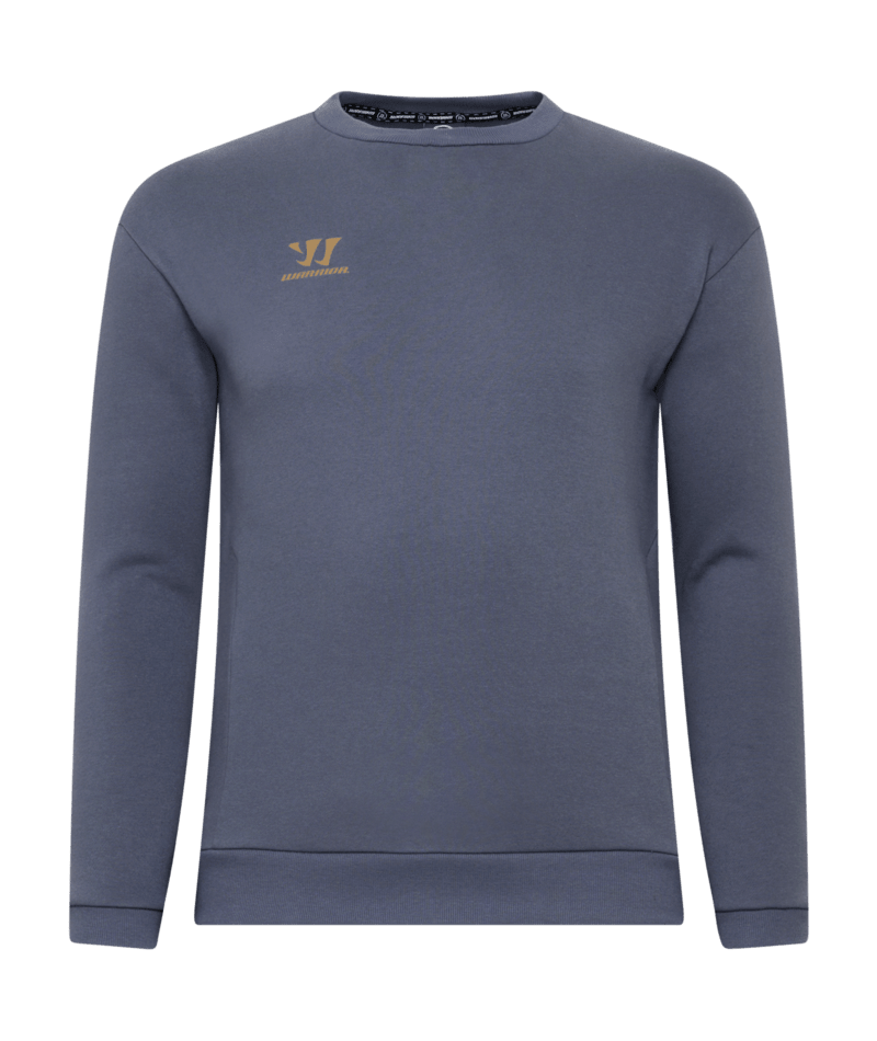 A gray crewneck sweatshirt featuring a gold Warrior logo on the chest, displayed against a solid green background.