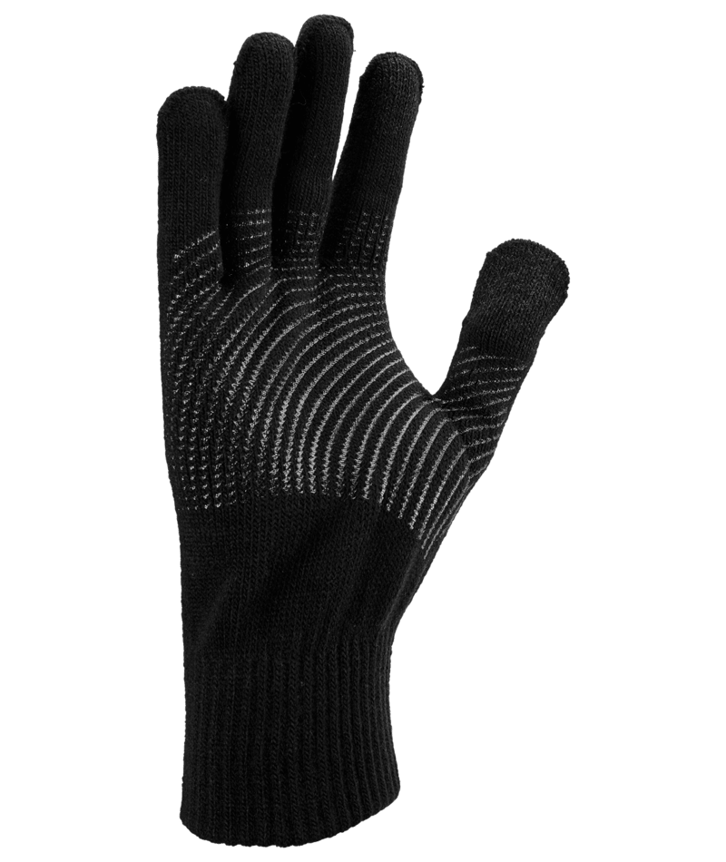 A black knit glove with silver-colored curved grip lines on the palm and fingers, set against a solid green background.