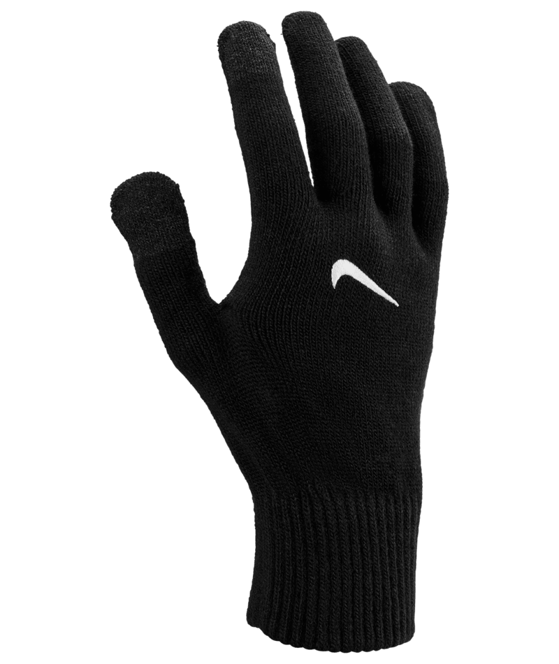 A single black knitted Nike glove with a small white swoosh logo on the back of the hand, displayed against a solid green background.