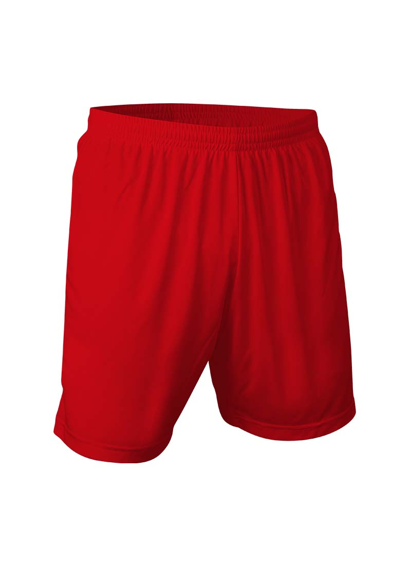 A pair of solid red athletic shorts with an elastic waistband.