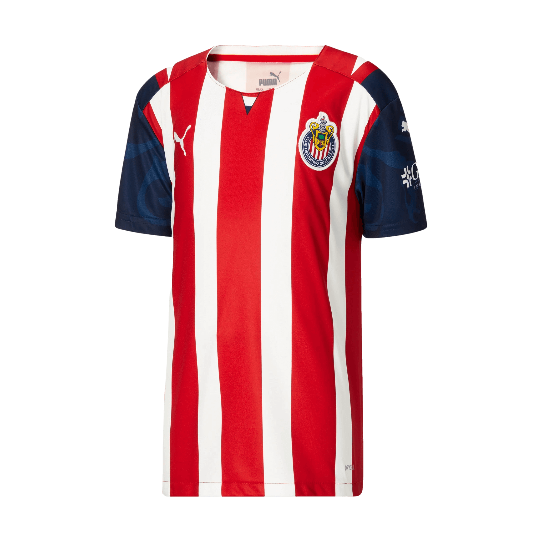 A red and white vertically striped Puma soccer jersey for Club Deportivo Guadalajara, featuring navy blue patterned sleeves and the team's crest on the chest.