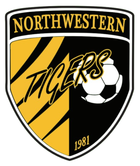 Soccer logo for Northwestern Tigers. A shield with gold and black diagonal stripes, a soccer ball, and the year 1981. Text reads "NORTHWESTERN" above stylized "TIGERS".