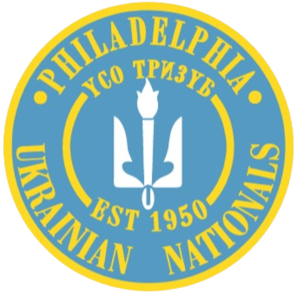 Circular blue and yellow logo for the Philadelphia Ukrainian Nationals, featuring a white trident torch in the center and the text "EST 1950".